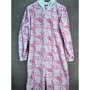 Hello Kitty by Sanrio One Piece Hooded Pajamas Sleepwear Pink Fleece White Small